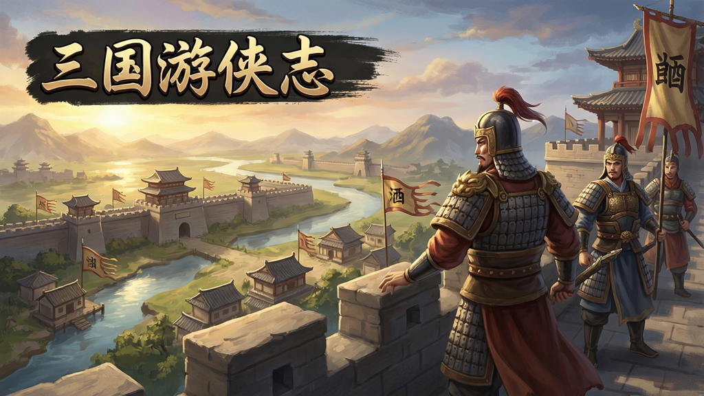 三国游侠志游戏主界面展示,精美三国场景,角色站在城墙上俯瞰大地