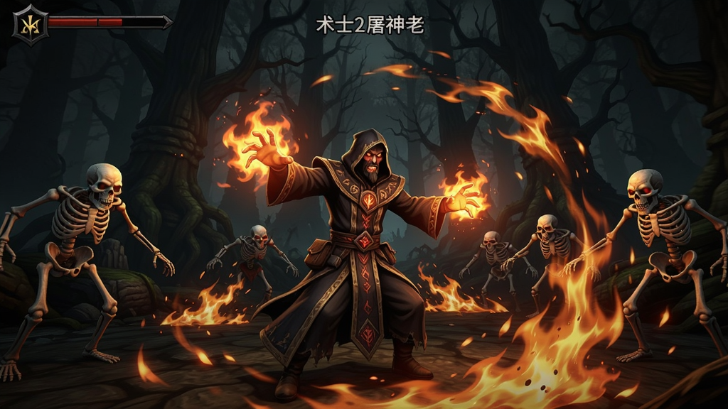术士2屠神者游戏场景,一位身穿黑袍的术士在黑暗森林中释放火焰法术,周围有骷髅怪物,画面充满魔法光效