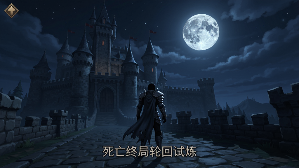 死亡终局轮回试炼游戏画面,夜晚城堡和主角站在月光下