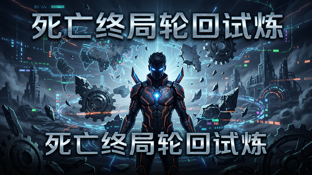 死亡终局轮回试炼的游戏封面艺术图,主角站在破碎的虚拟世界前,背景充满数字光效和机械感