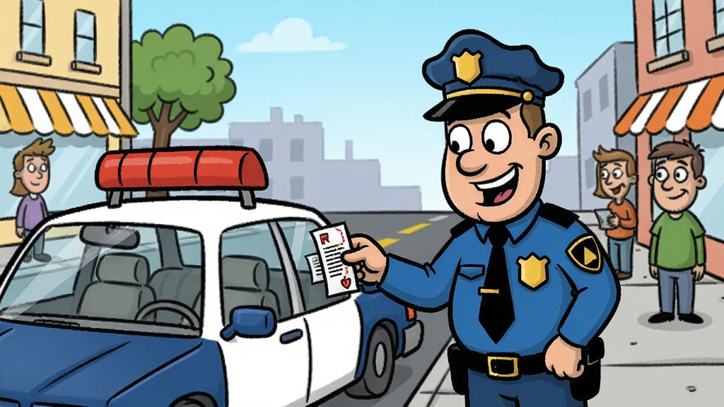 停车警察在街头开具罚单的卡通场景