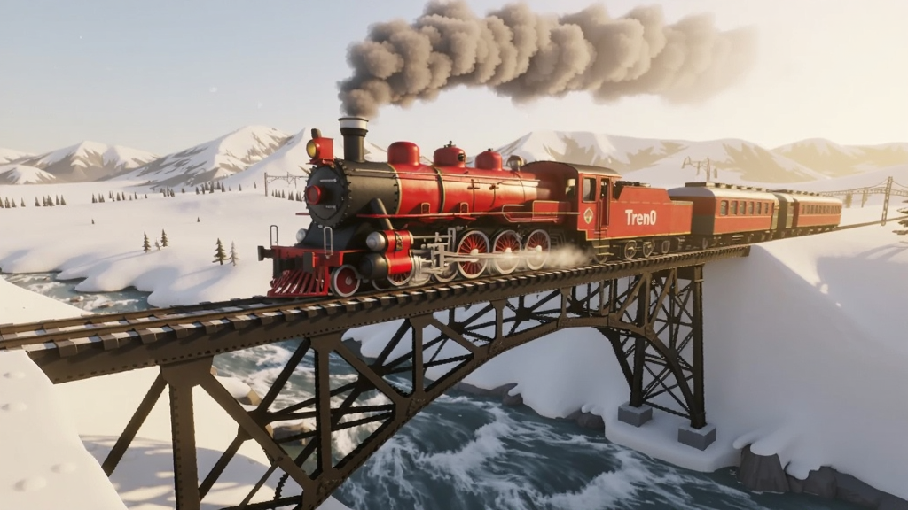 Tren0游戏中一列红色蒸汽火车正在穿越雪原上的钢铁桥梁,桥下是湍急的河流,远景有连绵雪山,画面温暖明亮