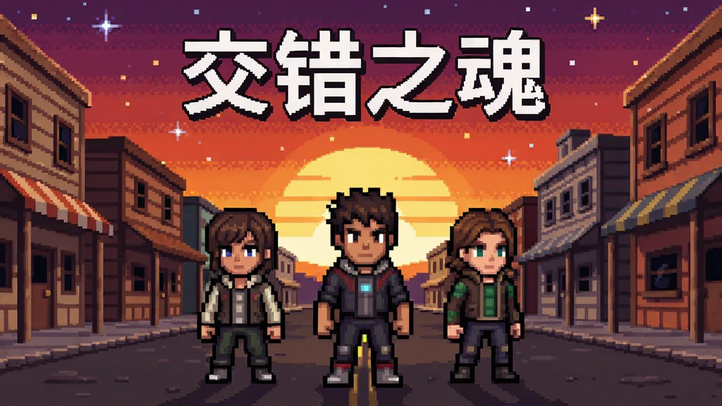 《交错之魂》游戏主角们站在小镇的克罗斯街头,背景是沉浸式的日落太空,像素风格的绘画