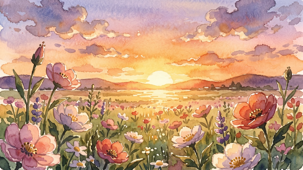 夕月之花游戏中的夕阳景色,水彩画风,美丽的夕阳下的花丛