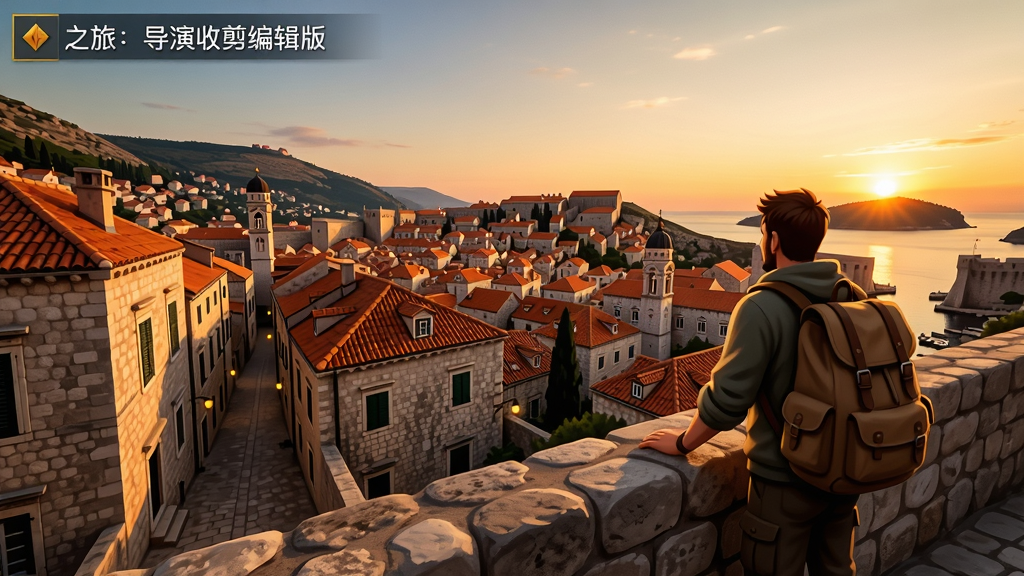 南斯拉夫之旅导演剪辑版游戏场景,夕阳下的杜布罗夫尼克古城,石板路和红瓦屋顶,一名旅行者站在城墙上眺望远方