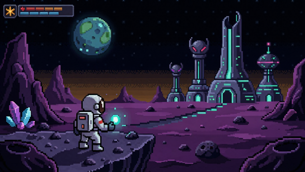 斥星计划游戏场景,宇航员在神秘星球上探索,远处有外星建筑,像素风格