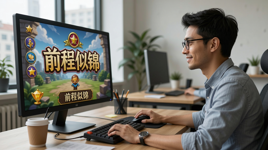 一位创业者在办公室的电脑前点击鼠标开始游戏,屏幕上显示《前程似锦》游戏界面