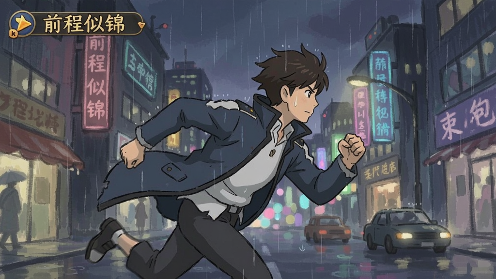 前程似锦游戏画面,主角在雨中奔跑,背景是城市霓虹灯,手绘风格