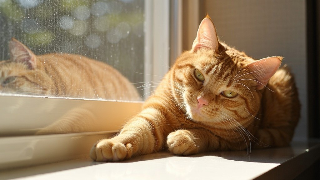一只橘猫趴在窗台上晒太阳,阳光透过玻璃洒在它的毛上,眼神慵懒而好奇