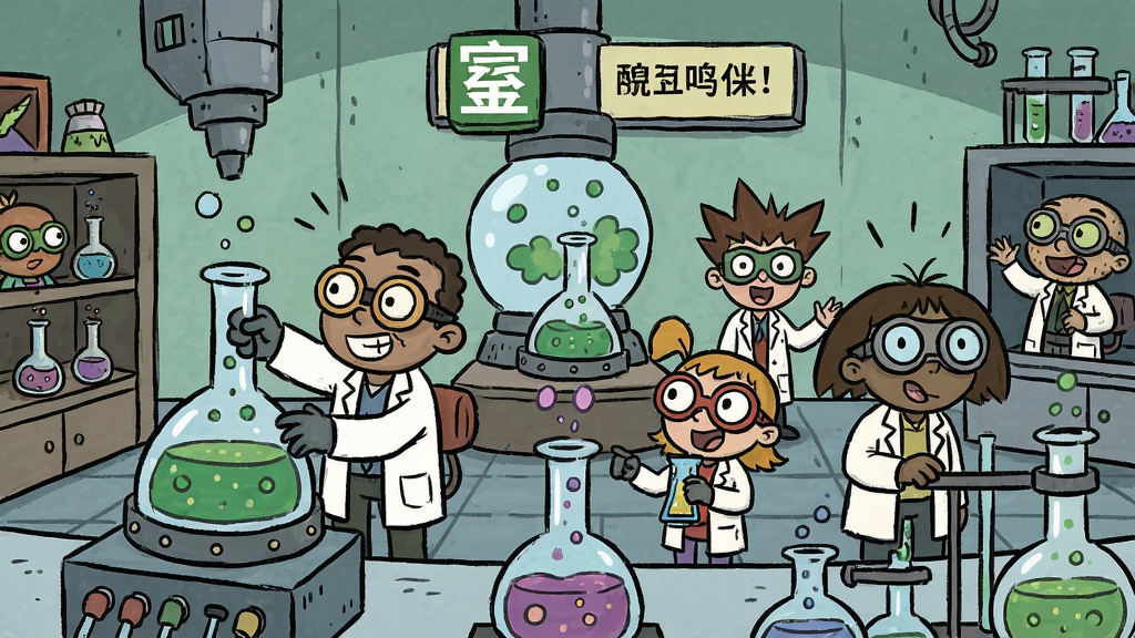 超级科学伙伴游戏中角色们在实验室里进行科学实验的热闹场景,充满二维绘画风格