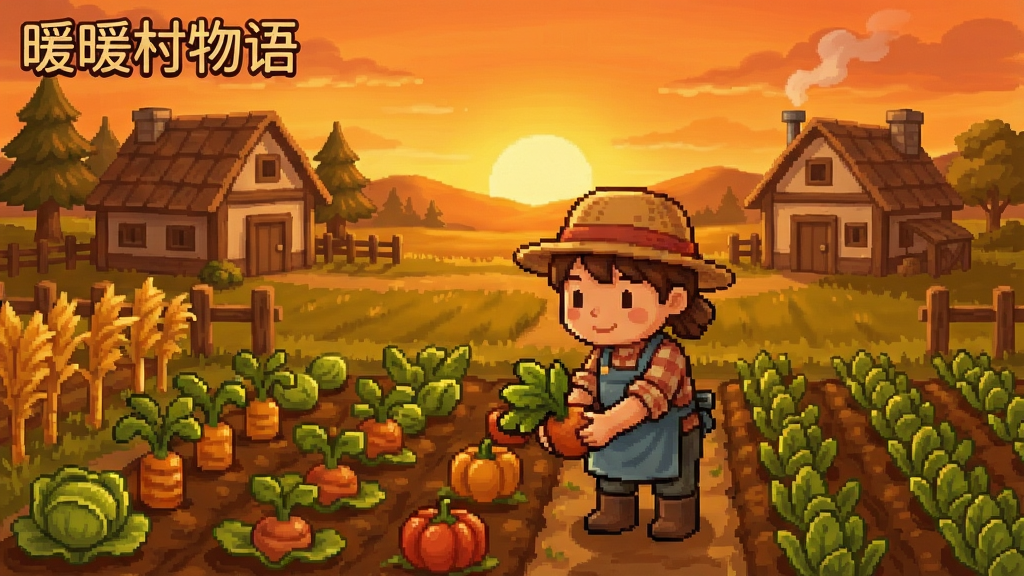 暖暖村物语游戏截图,玩家在夕阳下的田园中收获作物,温暖色调