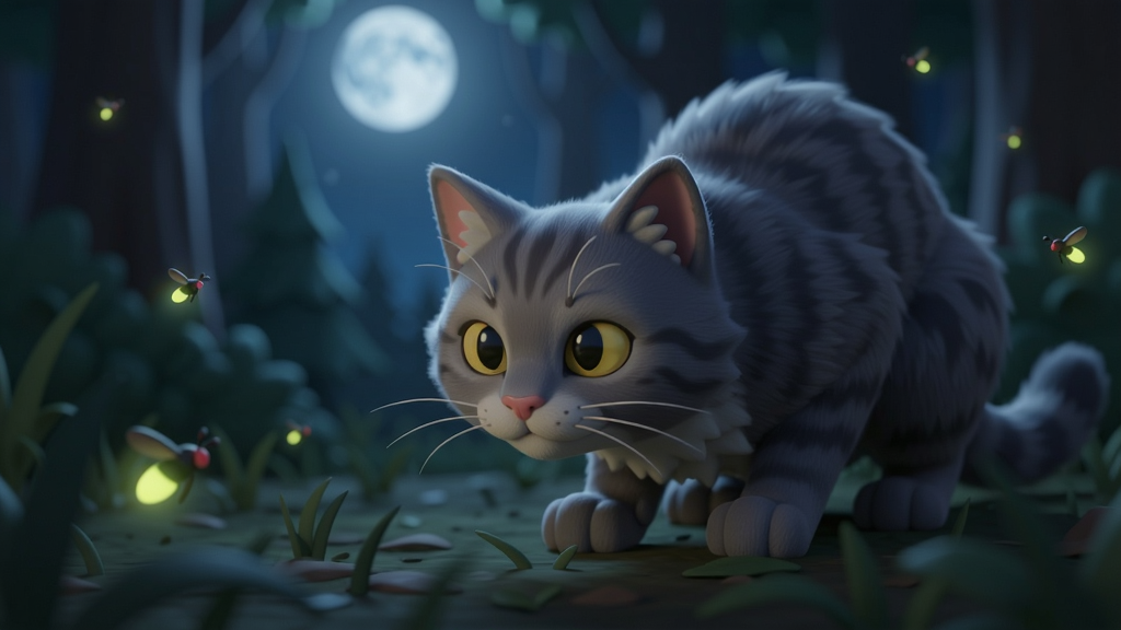 一只灰色野猫在月光下的森林里蹲守猎物,周围萤火虫飞舞,画面温馨又神秘。