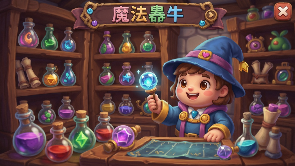 魔法商店游戏主界面,展示琳琅满目的魔法商品和可爱的店主角色