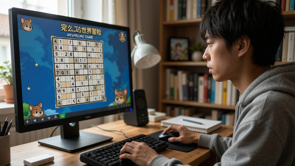一位玩家正在电脑前专注地玩数独世界冒险游戏,屏幕上显示着数独格子,背景是明亮的书房,画面温馨写实