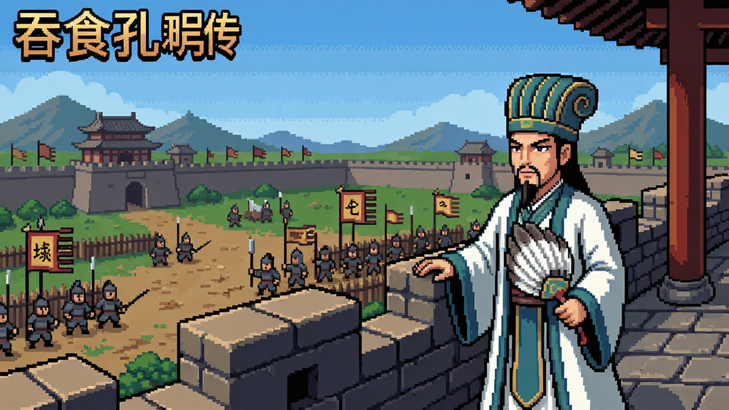 吞食孔明传游戏场景,诸葛亮站在城楼上,背景是三国战场,像素风格高清重制