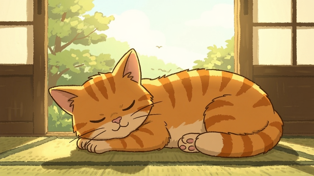 一只橘猫在阳光下打盹的温馨场景,日式卡通风格