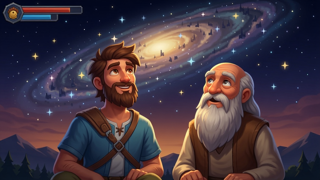寻找天堂游戏中主角与老人一起仰望星空的温馨画面