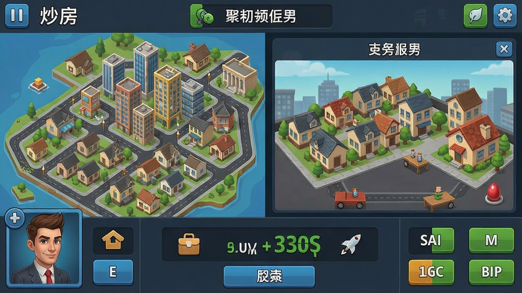 炒房游戏界面截图,城市地图和房产交易场景,玩家操控界面展示