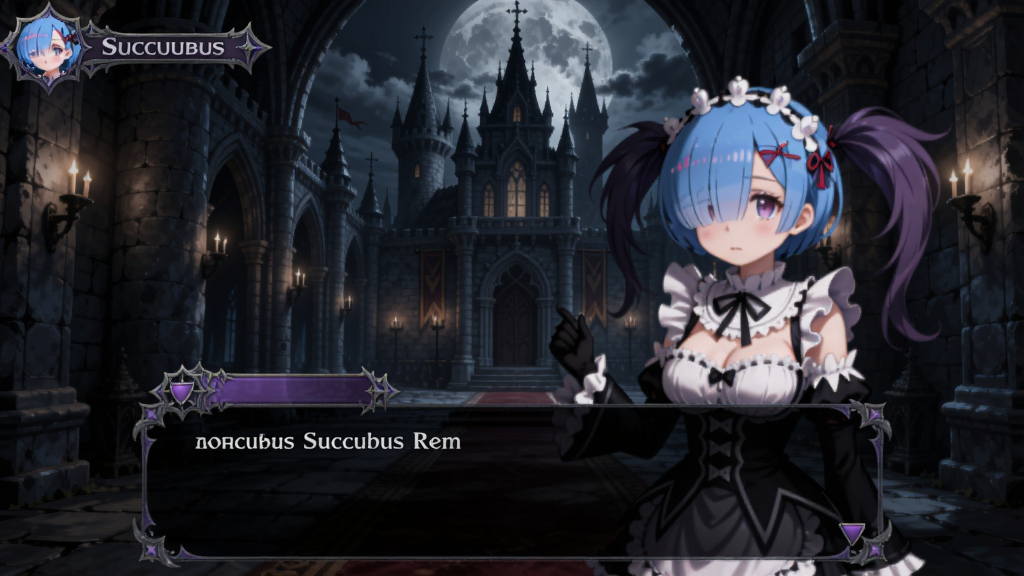 Succubus Rem游戏内哥特城堡场景与角色雷姆对话的AI生成图