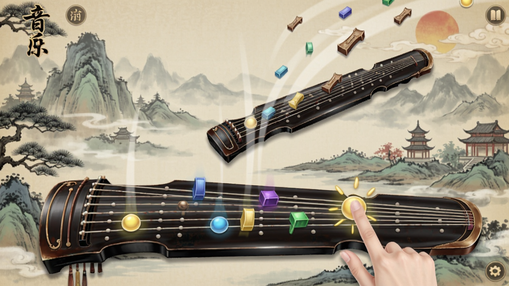 古风音乐节奏游戏界面,玩家手指点击音符,背景是山水画卷,美丽的古琴漫天飞舞