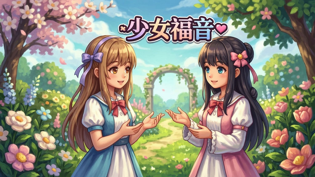 少女的福音游戏封面图,展示两位少女在花园中对话的场景