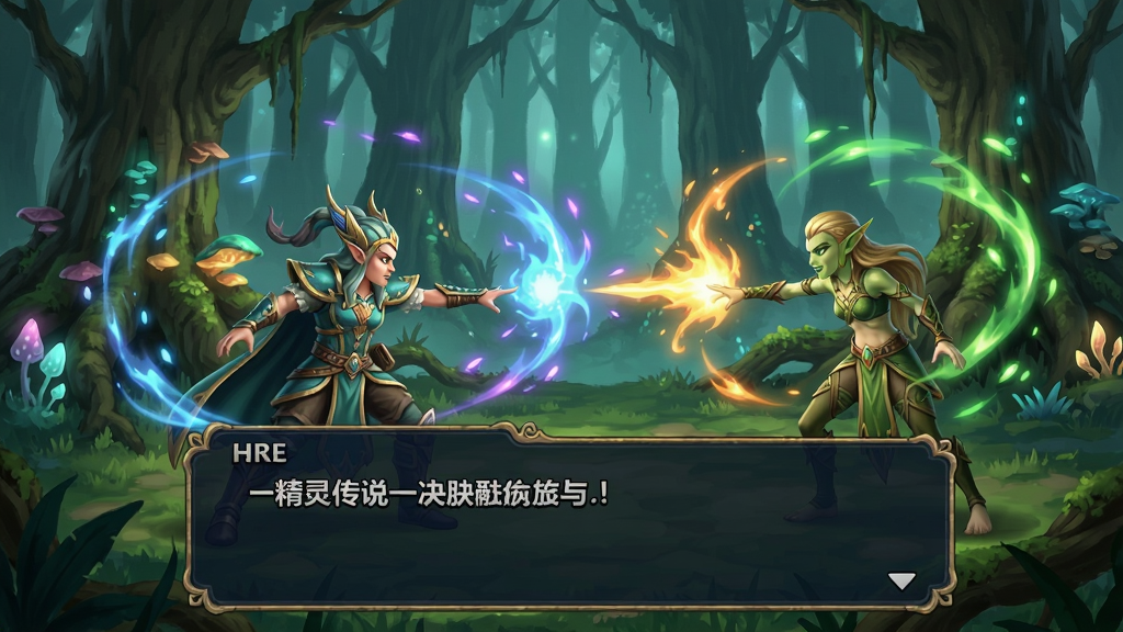 精灵传说一决胜负游戏主角在古老灵气林中与精灵对决的画面,带有元素特效和前景对话框