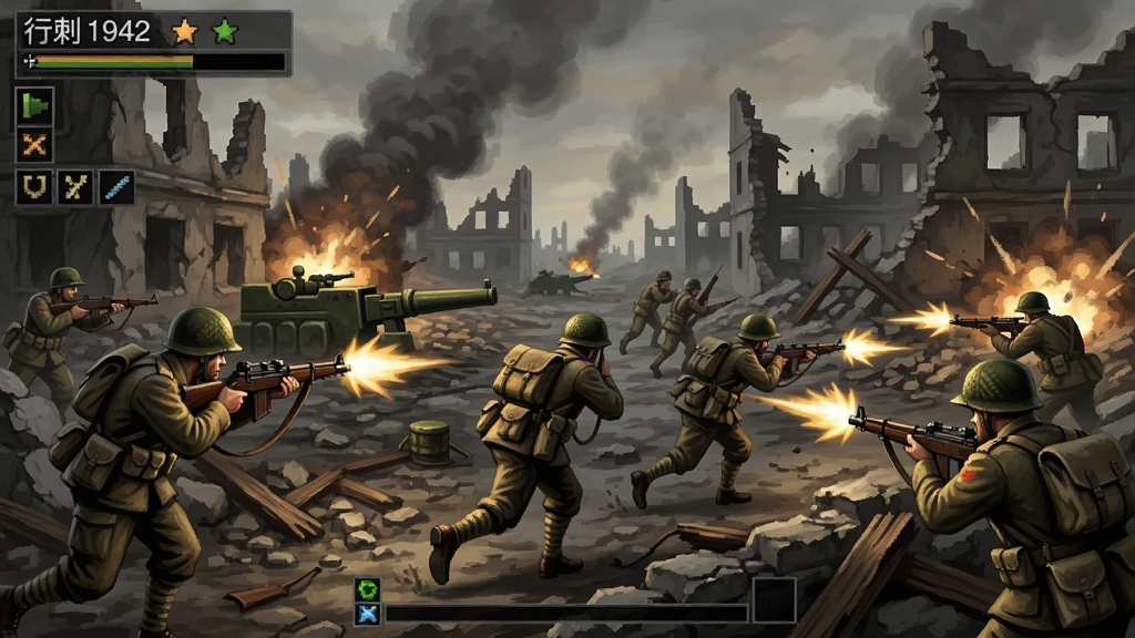 行刺1942游戏战场激烈的射击场景,士兵在废墟中冲锋