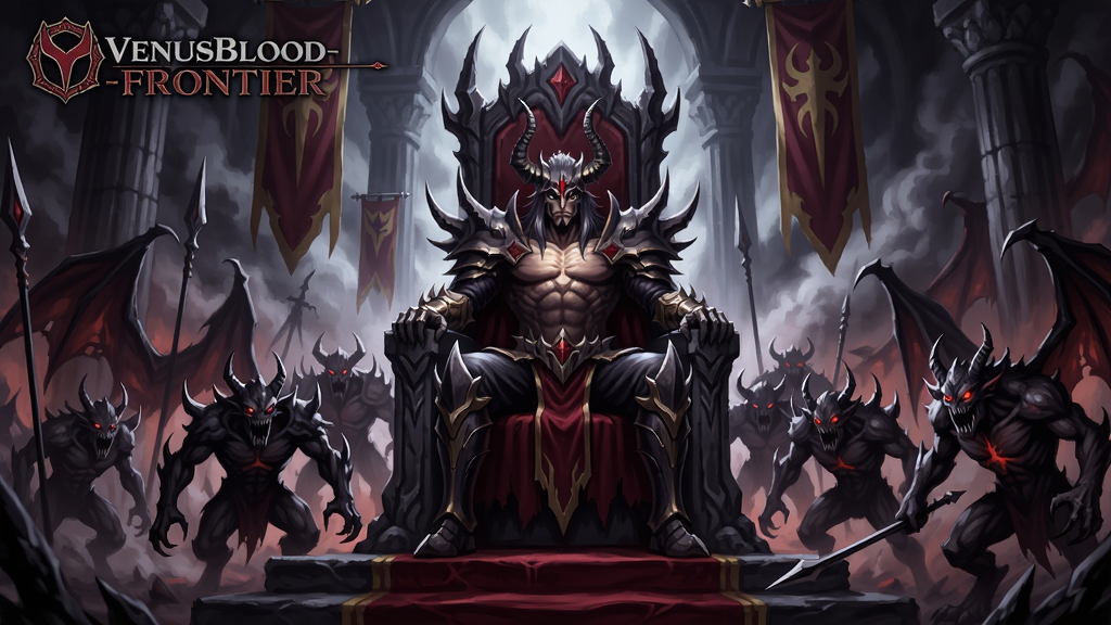 VenusBlood-FRONTIER游戏场景,魔王坐于王座,周围魔物军团气势恢宏
