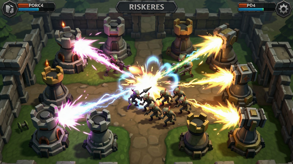 Riskers游戏塔防战斗场景,多种防御塔同时攻击敌人,特效华丽