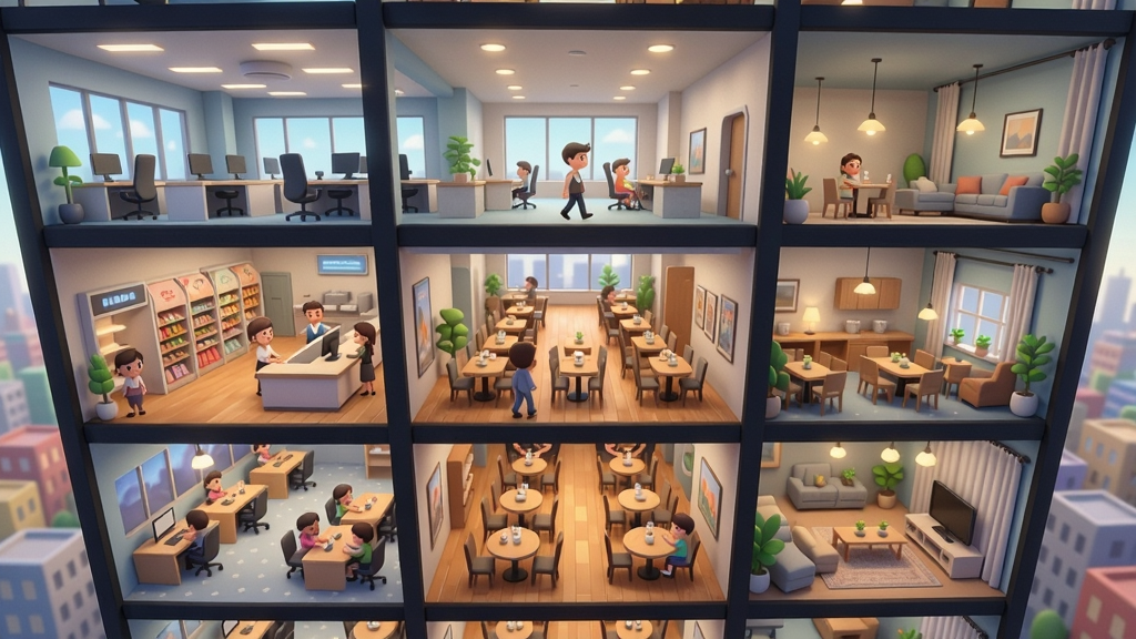 一座现代化的摩天大楼内部,各楼层分层显示,有办公室、商店、餐厅和住宅,人物在其中行走,明亮的色调,俯瞰视角