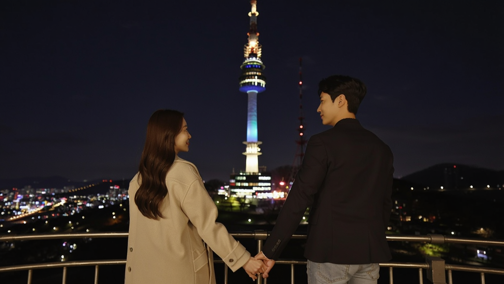 首尔塔下男女主角手牵手看夜景的浪漫场景