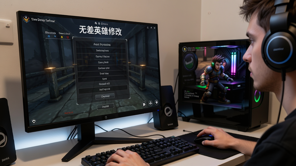 玩家在电脑前运行无差英雄软件界面,显示游戏修改选项,背景是游戏画面