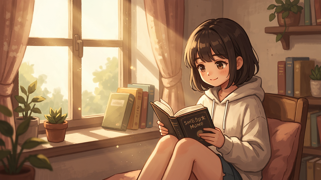 孤僻少女改造计划游戏场景,一位可爱少女坐在窗边看书,阳光洒入房间,温馨治愈风格