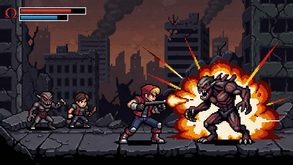 欧米伽反击游戏场景,主角在废墟城市中与变异怪物战斗,像素风格,画面充满动感与爆炸特效