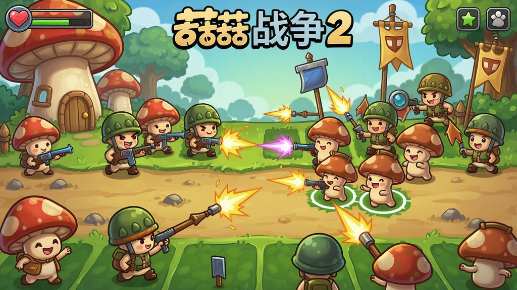菇菇战争2联机对战场景,卡通风格的菇菇士兵在战场上战斗,充满策略与欢乐