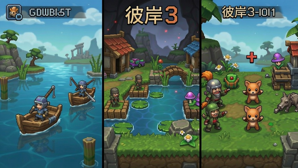 彼岸3合1游戏画面展示,三个不同玩法场景拼接图