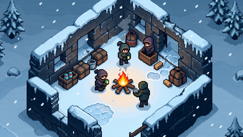 无尽寒冬中幸存者在冰天雪地的废墟里搜寻物资的场景,俯视角像素风格,篝火微光,氛围冷冽