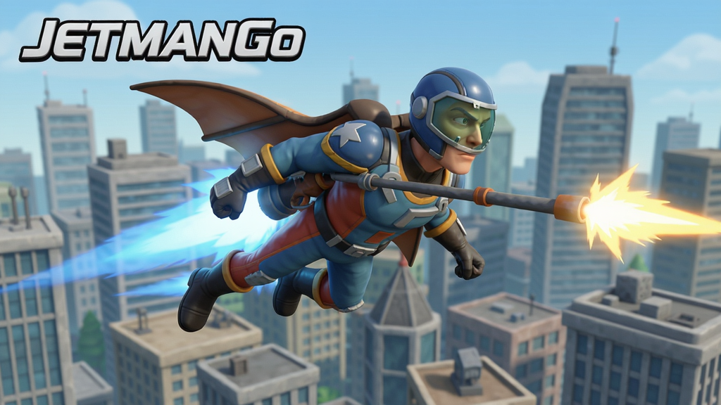 JetmanGo喷气人冲锋游戏角色在城市上空飞行射击的3D场景