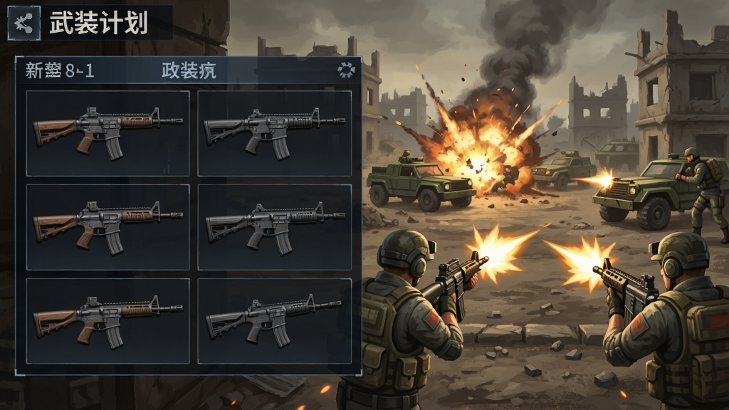 武装计划游戏截图,展示多种枪械改装界面和战场激烈交火场景