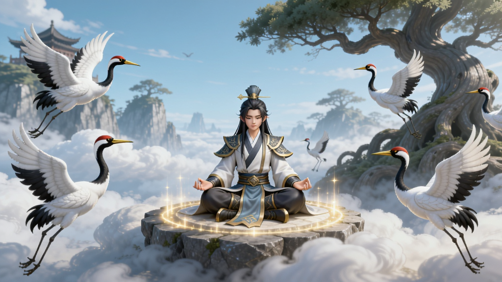 懒人修仙传游戏场景,修仙角色在云端打坐,周围环绕仙鹤和古树,画面宁静祥和