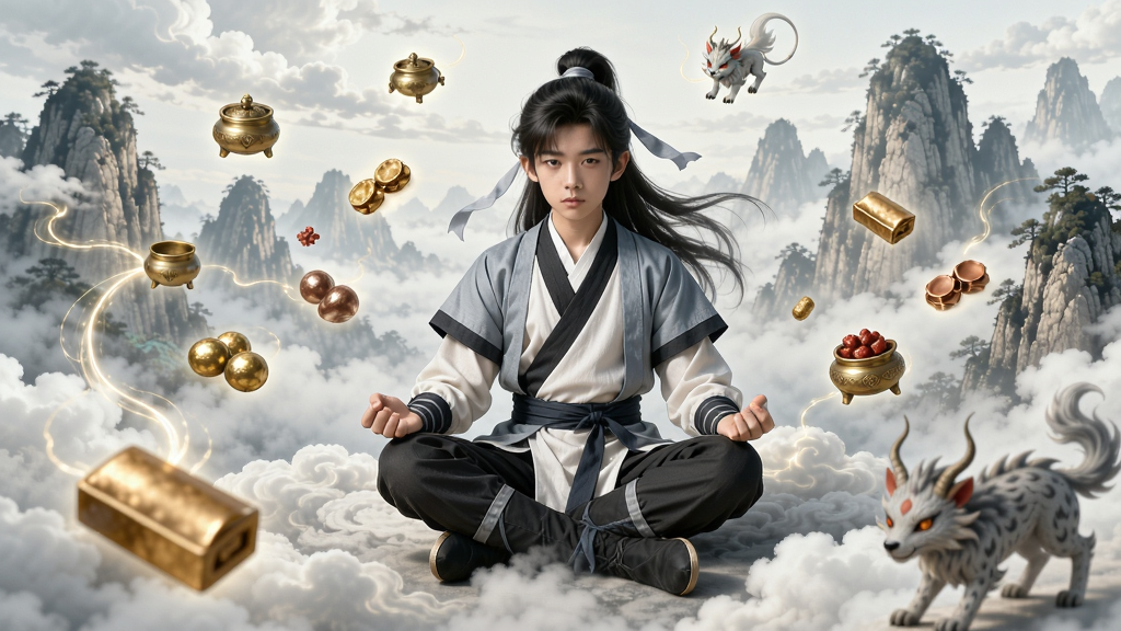 一位古装少年盘坐在云端,周围漂浮着各种丹药和灵兽,背景是水墨风格的仙山,画面充满修仙意境