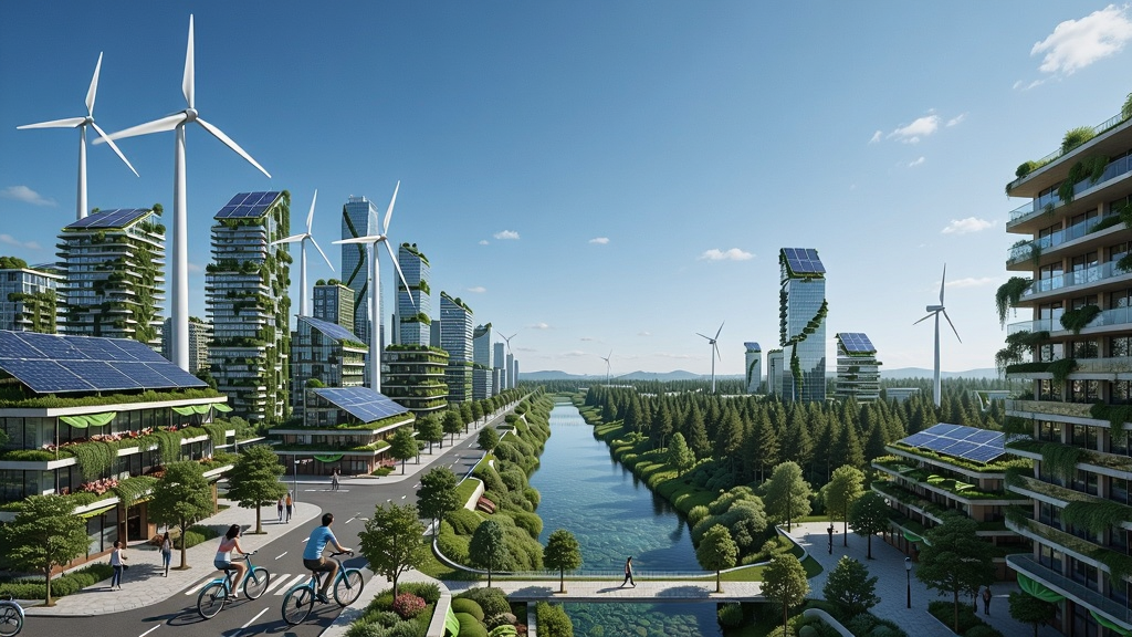 一座绿色环保的未来城市,高楼林立,天空湛蓝,城市中遍布太阳能板和风力发电机,街道上行人骑自行车,背景是清澈的河流和茂密的森林