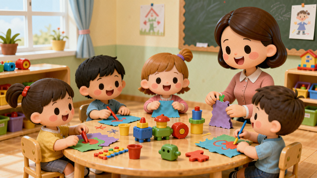 幼儿园游戏场景,可爱的卡通教室里,小朋友们在玩老师带领下做手工,塌上放着五颜六色的玩具