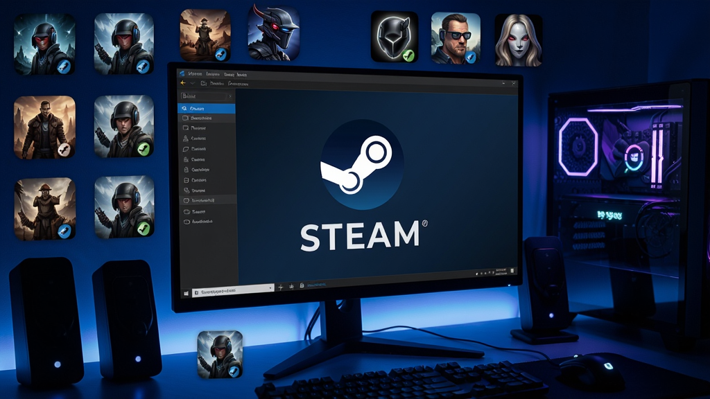 一个电脑屏幕显示Steam破解版软件界面,周围是各种游戏图标,风格科技感