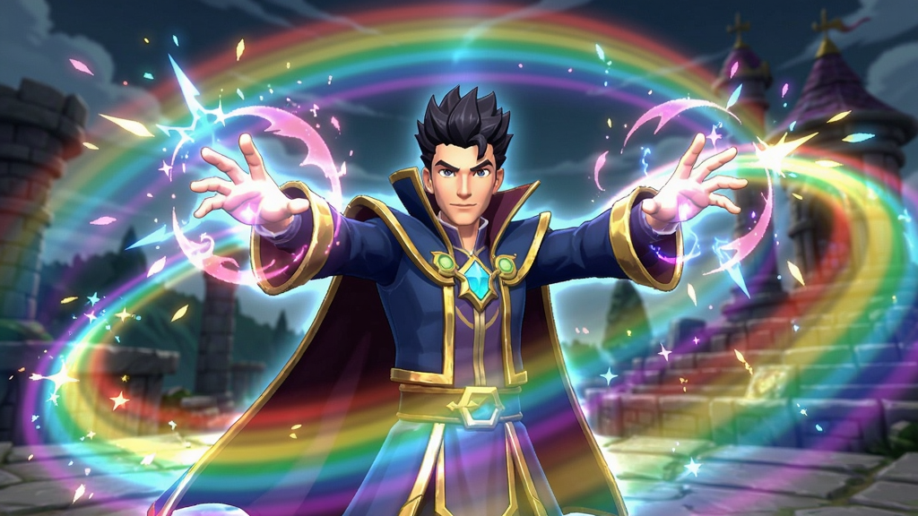 魔力四射游戏主角色施放魔法的动画场景,充满华丽光效和彩虹色彩