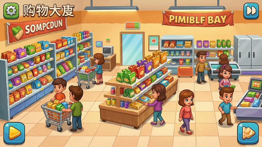 购物大亨游戏截图,展示超市内部琳琅满目的商品和顾客