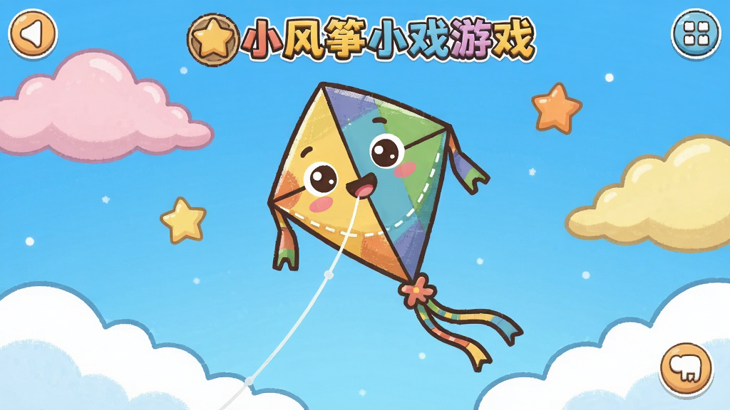 小风筝游戏界面截图,一个可爱的风筝在蓝天中飞翔,周围有彩色云朵和星星