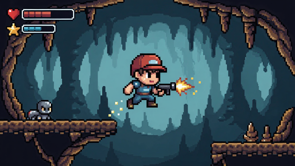 洞窟冒险游戏主角在广阔的地下洞窟中跳跃射击的画面,像素风格清晰可爱