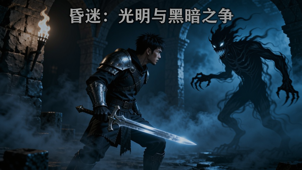 《昏迷:光明与黑暗之争》中主角在昏暗地牢中手握发光长剑,准备迎击暗影怪物,周围弥漫着幽蓝色雾气
