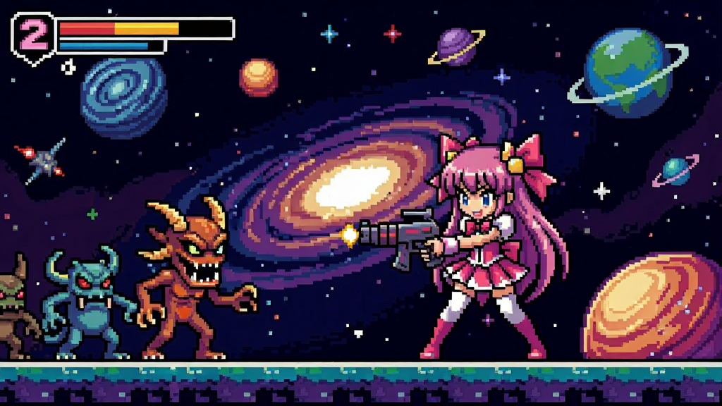 魔神少女2 横版像素射击游戏场景,少女持枪对抗怪物,背景为像素宇宙